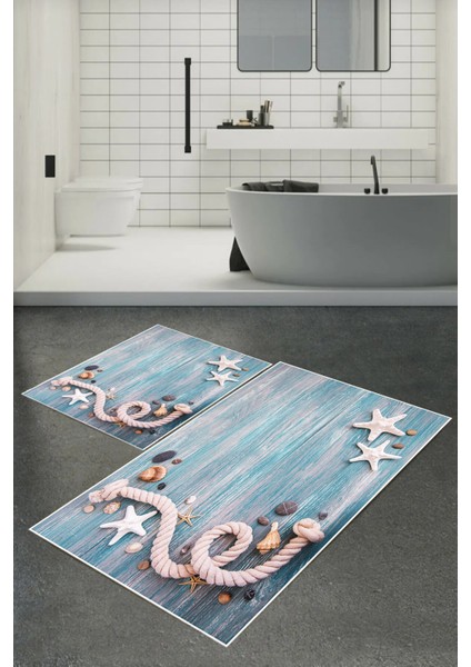 Dijital Baskılı Yıkanabilir Kaymaz Taban 2'li Banyo Paspas Seti