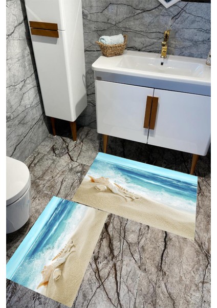 Dijital Baskılı Yıkanabilir Kaymaz Taban 2'li Banyo Paspas Seti