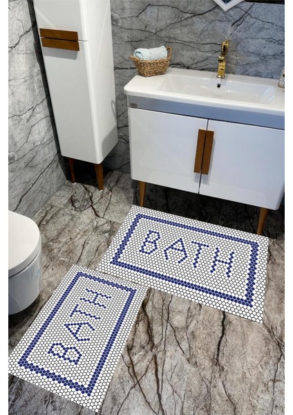 Dijital Baskılı Yıkanabilir Bath Desenli Kaymaz Taban 2'li Banyo Paspas Seti