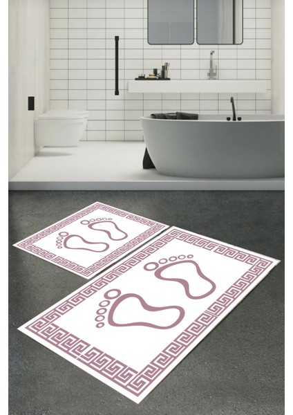 Dijital Baskılı Yıkanabilir Ayak Izi Desenli Kaymaz Taban 2'li Banyo Paspas Seti