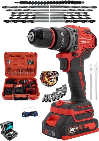 Alman Şarjlı 980F Kömürsüz Motor Çelik Mandren Akülü Darbeli Matkap 10mm Vidalama Kırmızı