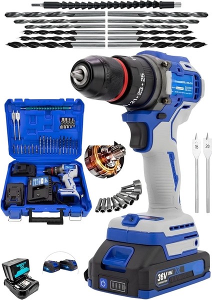 Alman Şarjlı 980F Kömürsüz Motor Çelik Mandren Akülü Darbeli Matkap 10mm Vidalama Mavi