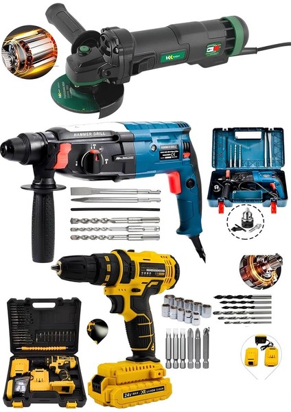 3'set 4200W Kırıcı Delici HİLTİ+V58 Şarjlı Darbeli Matkap Vidalama SETLİ+115 mm Taşlama Bakır