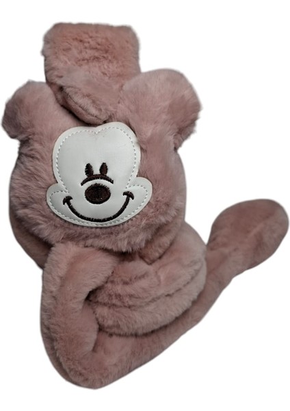 Kız Çocuk Koyu Pembe Renk Mickey Figürlü Pompalı Sesli Kışlık Peluş Kulaklık.