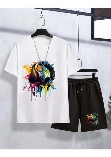 Punıx Kıds Özel Üretim Renkli Kulaklık Baskılı Yeni Stil Erkek Çocuk T-Shırt Şort Takım