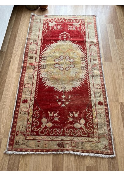 100X185 cm El Dokuma Vintage Halı, Kırmızı Renkli ve Çiçek Desenli, Yatak Odası ve Oturma Odası Için Özel Halı