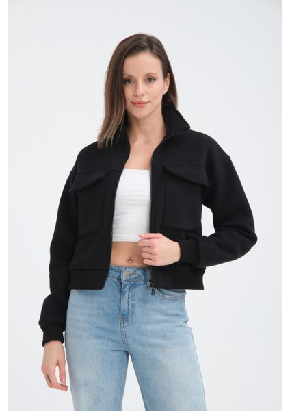 Pamuklu Içi Polarlı Cepli Crop Ceket