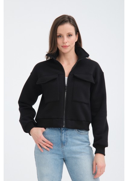 Pamuklu Içi Polarlı Cepli Crop Ceket