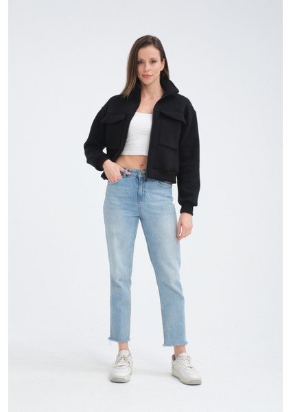 Pamuklu Içi Polarlı Cepli Crop Ceket