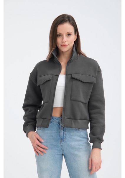 Pamuklu Içi Polarlı Cepli Crop Ceket