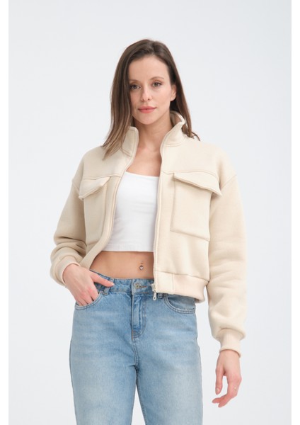 Pamuklu Içi Polarlı Cepli Crop Ceket