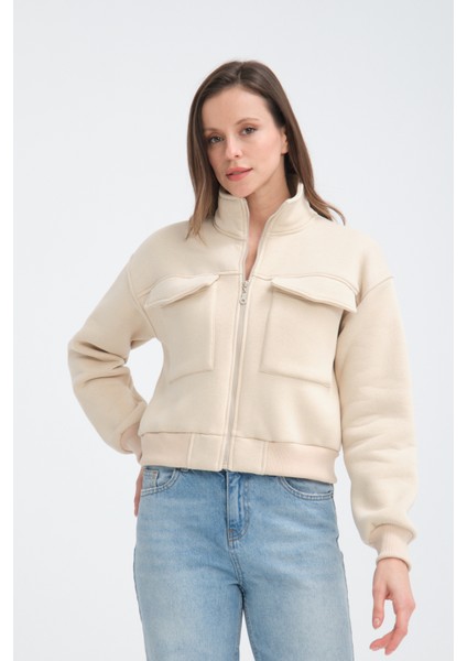 Pamuklu Içi Polarlı Cepli Crop Ceket