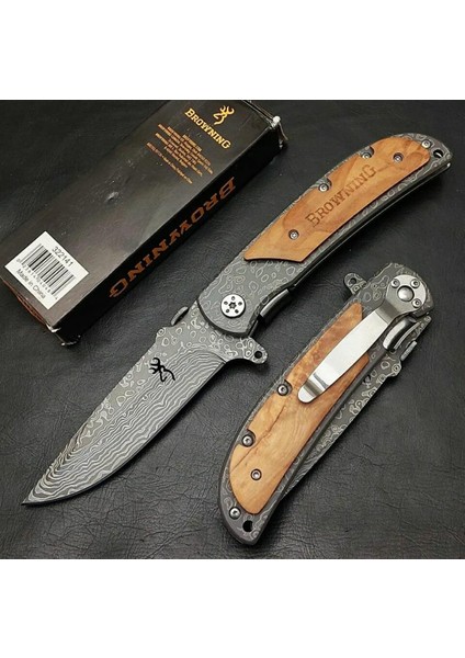 Browning Serisi Damaskus Işlemeli Kamp Outdoor Çakı Bıçak
