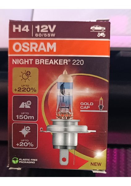 Osram H4 Night Breaker halojen Performans Ampulu 12V +%220 Fazla Işık %20 Beyaz Işık 150MT Mesafe (1ADET)