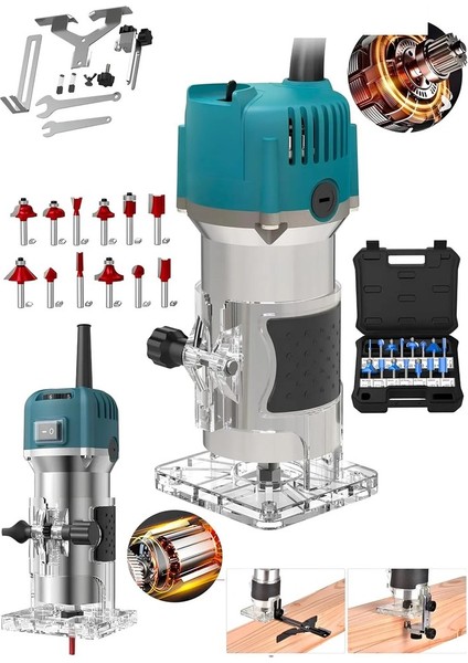 Alman 4200RPM 6 Kademe Devir Ayarlı Formika Traşlama Freze Makinesi 6 mm Pens + 12 Adet Uç Blue
