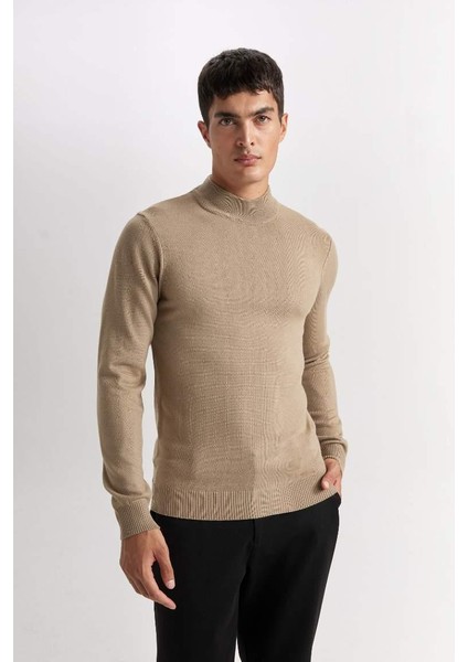 Slim Fit Yarım Balıkçı Yaka Basic Örme Kazak Beıge
