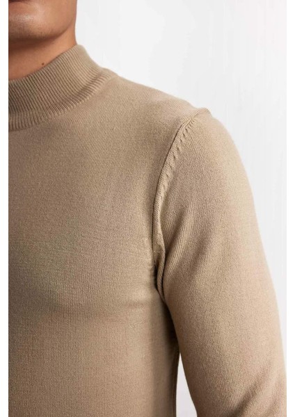 Slim Fit Yarım Balıkçı Yaka Basic Örme Kazak Beıge