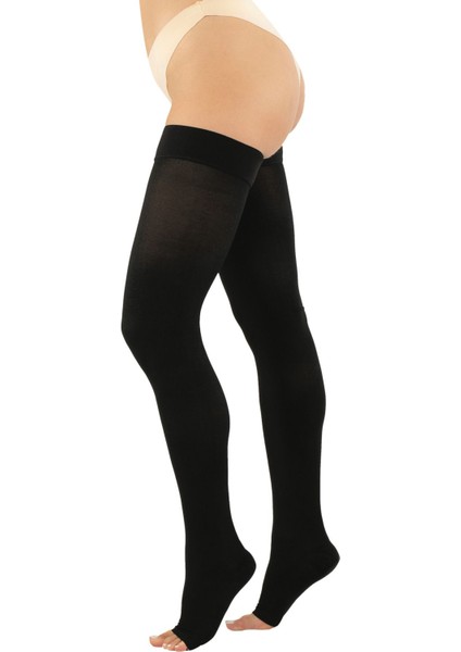 Siyah Diz Üstü Silikonlu Çorap Orta Basınç Burnu Açık Ccl-2