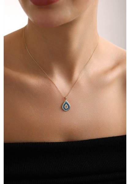 14 Ayar Altın Damla Nazar Tasarım Kolye