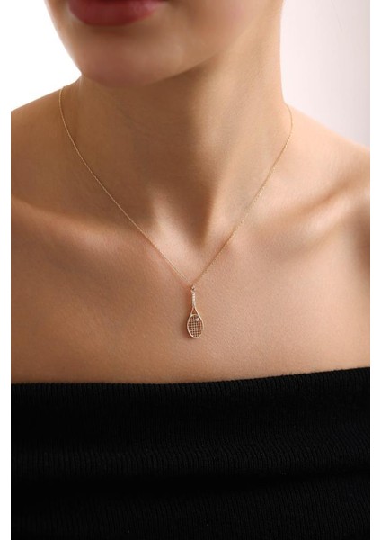 14 Ayar Altın Taşlı Tenis Raket Kolye