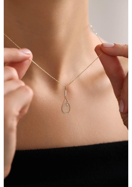 14 Ayar Altın Taşlı Tenis Raket Kolye modelleri