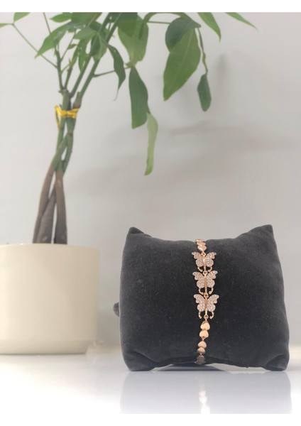 Xuping Zirkon Taşlı 3lü Kelebek Figürlü Kadın Vıp Bileklik Rose Gold Paslanmaz Çelik