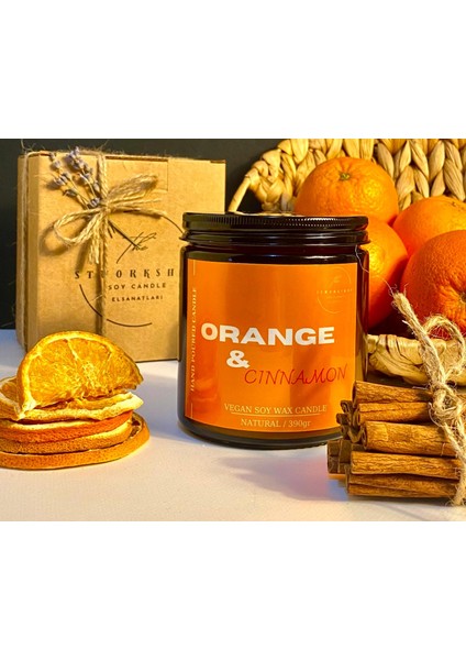 Stworkshop Orange & Cinnamon: Dekoratif Hediyelik Özel Tasarım Portakal ve Tarçın Kokulu 390gr Büyük Mum %100 Doğal Vegan Soya Wax Mumu Sevgililer günü özel