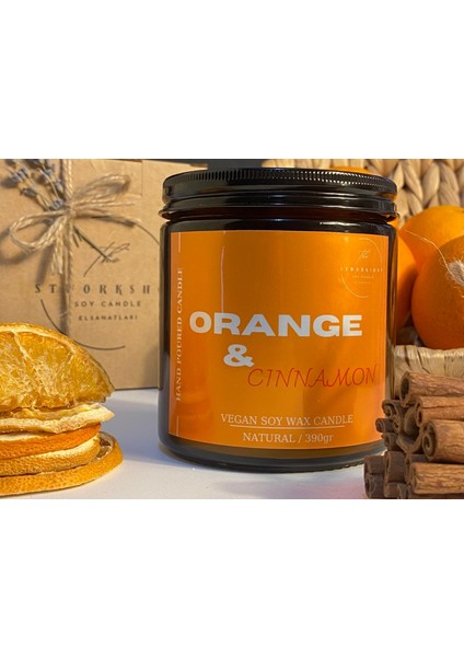 Stworkshop Orange & Cinnamon: Dekoratif Hediyelik Özel Tasarım Portakal ve Tarçın Kokulu 390gr Büyük Mum %100 Doğal Vegan Soya Wax Mumu Sevgililer günü özel modelleri