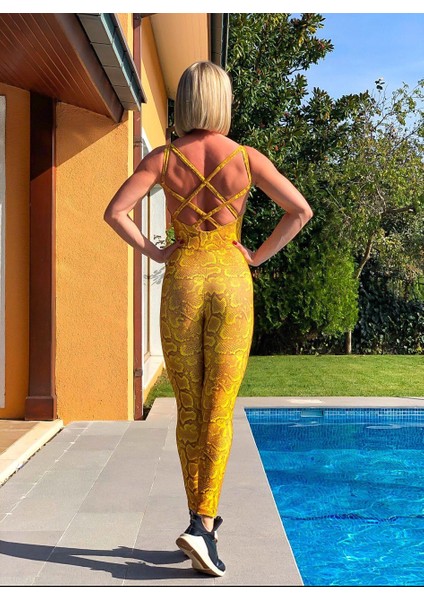 Sarı Yılan Desen Sırtı Çift Çapraz Ip Detaylı Spor Tayt Tulum