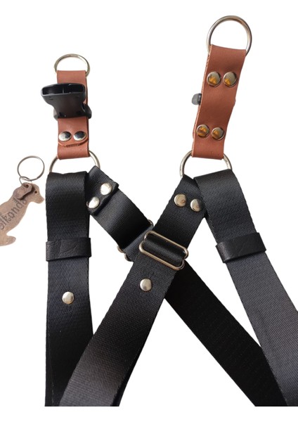 Köpek göğüs tasması orta ve büyük ırk siyah saten kolon hakiki deri konbinli göğüs ölçüsü:55-95cm ayarlı dog harness GT3-9