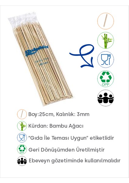 Çöp Şiş 100 Adet, 3 mm - Adana, Urfa, Et, Tavuk, Sebze Kebap Yemekler Için Ahşap, Odun, Bambu