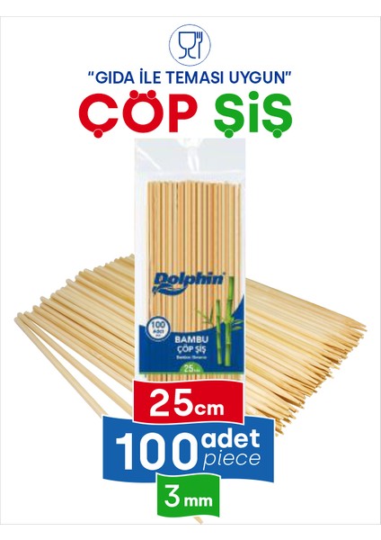 Çöp Şiş 100 Adet, 3 mm - Adana, Urfa, Et, Tavuk, Sebze Kebap Yemekler Için Ahşap, Odun, Bambu