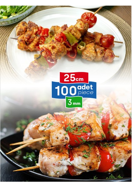 Çöp Şiş 100 Adet, 3 mm - Adana, Urfa, Et, Tavuk, Sebze Kebap Yemekler Için Ahşap, Odun, Bambu