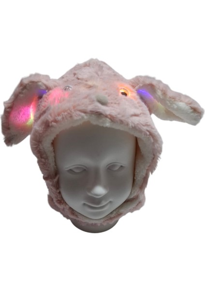 1-6 Yaş Kız Çocuk Pembe Renk Tavşan Kulak Figürlü Işıklı Peluş Şapka Bere