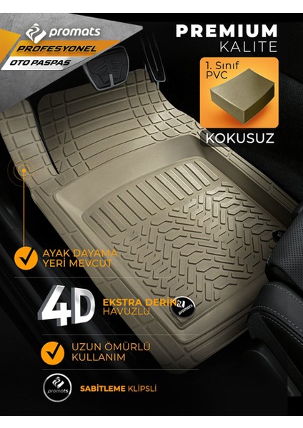Renault Clio 4 Hatchback 2012 Model ve Sonrası Uyumlu Oto Paspas 4d Profesyonel (Bej)
