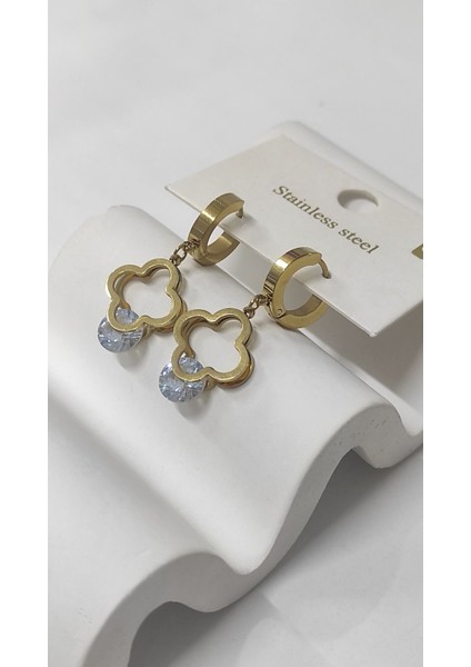 Yonca Sallantılı Model Taşlı Gold ve Gümüş Kadın Çelik Küpem