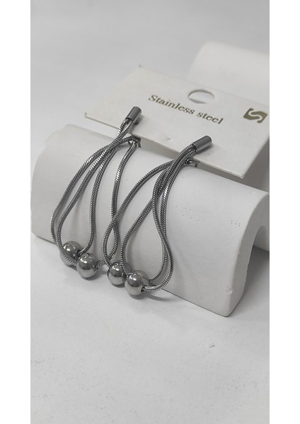 Sallantılı Ucu Boncuklu Gold ve Gümüş Kadın Çelik Küpe