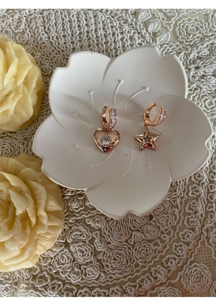 Zirkon Taşlı Rose Çelik Kalp ve Yıldız Küpe