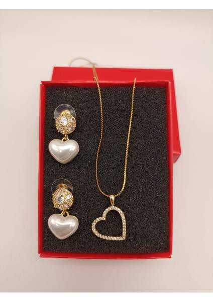 Sevgililer Günü Çelik Kolye+Inci Zirkon Küpe Gold