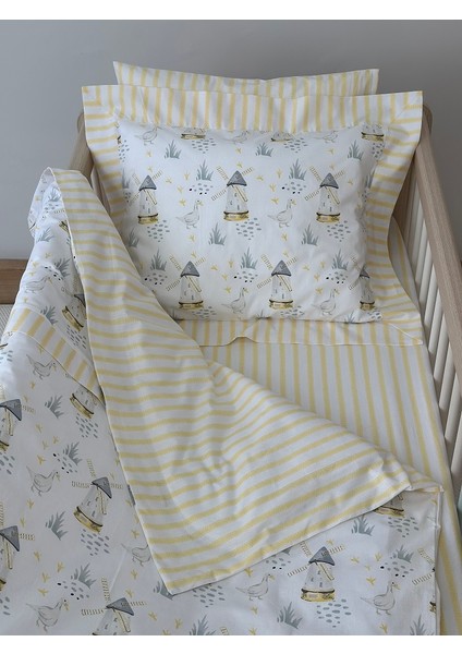 % 100 Pamuk Bebek Nevresim Takımı Sarı Yel Değirmeni ve Kaz (El Emeği)