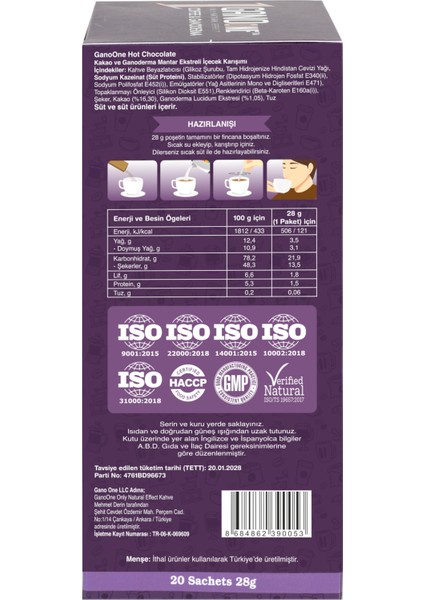 2 Kutu Ganoone Hot Chocolate, Ganoderma Reishi Mantarı Özütlü Içecek Karışımı - (40 Poşet x 28g)