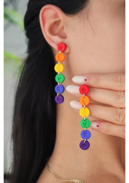 Polimer Kil Gökkuşağı Yuvarlak Küpe, Rainbow Küpe, Sevgililer Günü Hediyesi, Love Is Love Küpe, Çok Renkli Sallanan Küpe