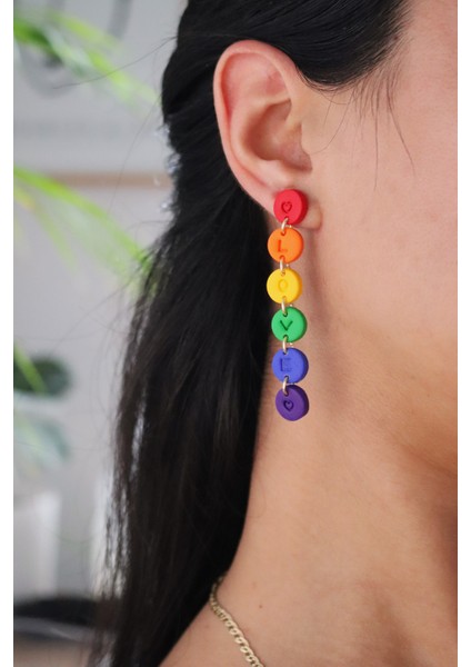 Polimer Kil Gökkuşağı Yuvarlak Küpe, Rainbow Küpe, Sevgililer Günü Hediyesi, Love Is Love Küpe, Çok Renkli Sallanan Küpe modelleri