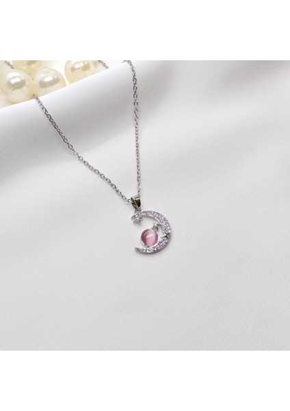 Gümüş Rengi Pembe Taşlı Zirkonlu Ay Kolye