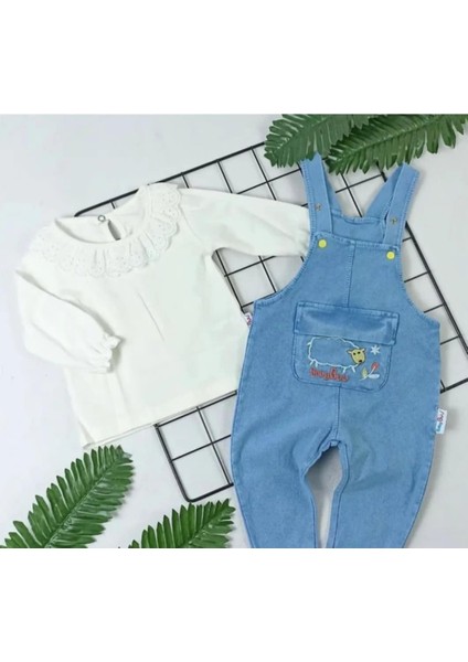 Kiz Çocuk Jean Salopet 2' Li Kot Tulum Takim Beyaz Body ve Salopet