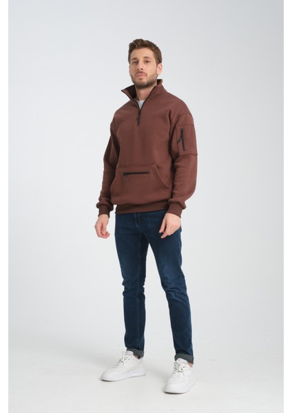 Pamuklu içi Polarlı Dik Yaka Kanguru Cepli Sweatshirt