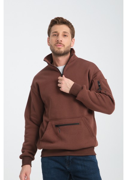 Pamuklu içi Polarlı Dik Yaka Kanguru Cepli Sweatshirt fiyatları