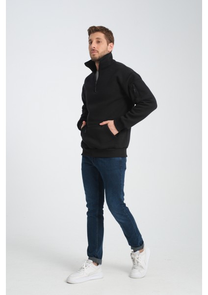 Pamuklu içi Polarlı Dik Yaka Kanguru Cepli Sweatshirt