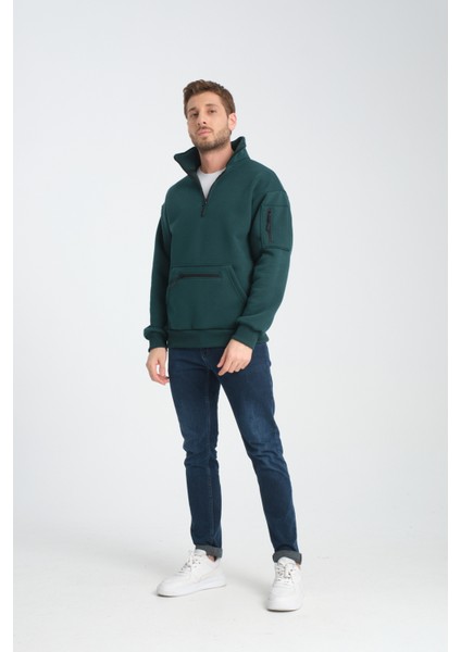 Pamuklu içi Polarlı Dik Yaka Kanguru Cepli Sweatshirt