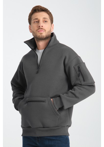Pamuklu içi Polarlı Dik Yaka Kanguru Cepli Sweatshirt modelleri